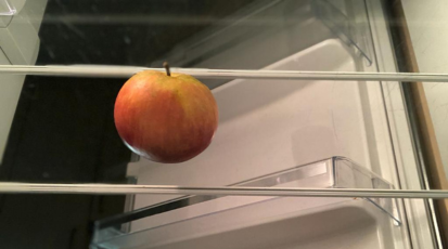 Ein einsamer Apfel liegt in einem leeren Kühlschrank.
