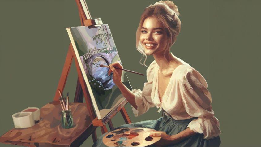 Eine Frau sitzt vor einer Staffelei und ist glücklich. Sie malt ein Landschaftsbild von einer Brücke.