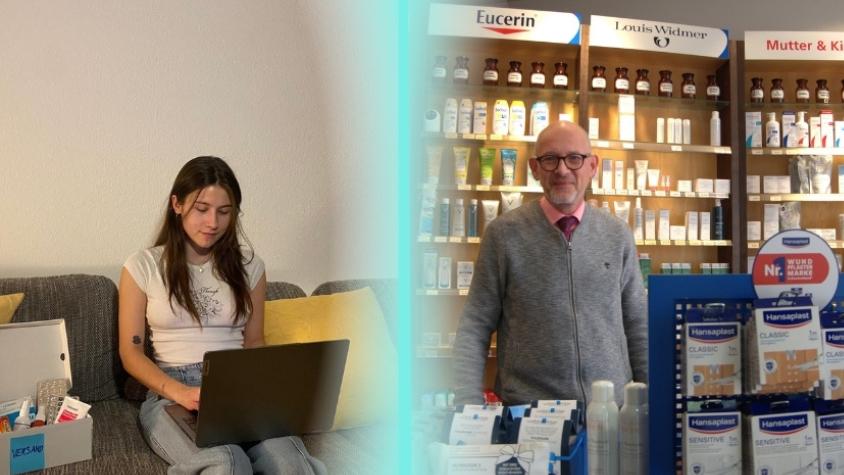 Links: Symbolbild Online Versandhandel, rechts: Apotheker Dr. Oechsle in seiner Apotheke 