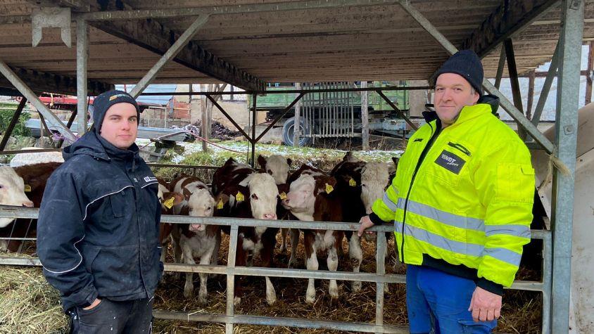 Luki(links) und Matze(rechts) stehen vor den Kälbern auf dem Milchviehbetrieb.