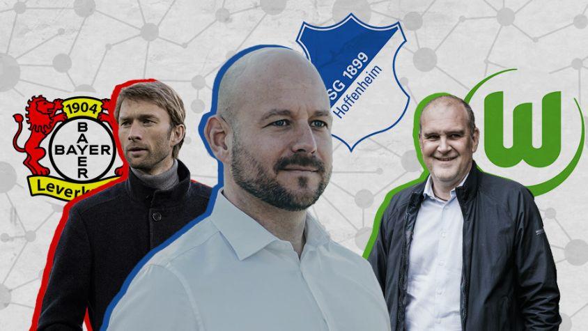 Simon Rolfes, Marcus Rosen und Jörg Schmadtke stehen jeweils ausgeschnitten und mit jeweils einer roten, blauen und grünen Umrandung vor den Logos von Bayer 04 Leverkusen, TSG 1899 Hoffenheim und VfL Wolfsburg. Hinter ihnen ist ein weißer Hintergrund mit grauen Netzwerken.