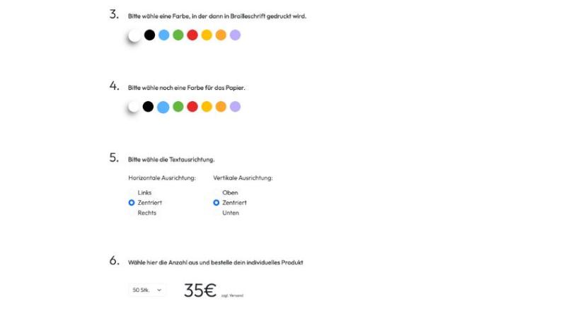 Auswahlmöglichkeiten zwischen der Farbe, Zentrierung und Stückzahl